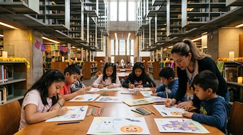 Niños sentados a una mesa colorean dibujos con lápices junto a una mujer en una biblioteca con estanterías metálicas elevadas.