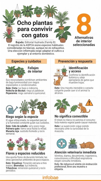 Infografía en vertical con ilustraciones de macetas, plantas, un gato y texto explicativo distribuido en secciones sobre el cuidado de vegetación.