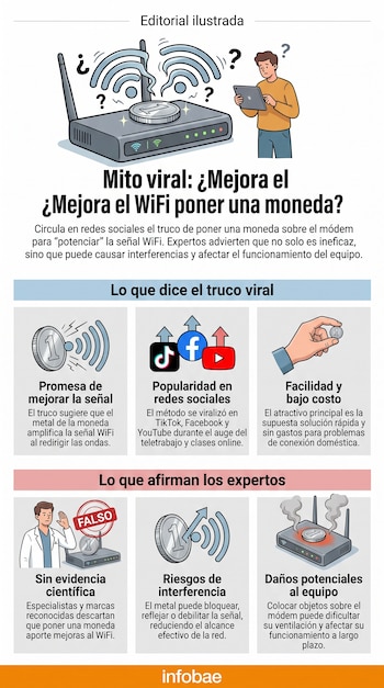 Infografía con un módem WiFi, una moneda sobre él, ondas de señal, un hombre con tablet, logos de redes sociales y un científico explicando que es falso.