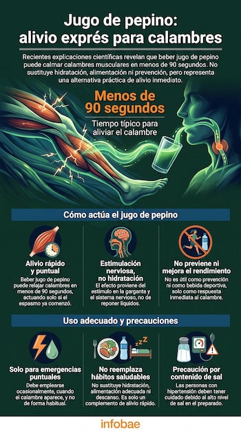 Infografía con texto "Jugo de pepino: alivio exprés para calambres", ilustración de pierna con músculos, persona bebiendo, diagramas y seis íconos.