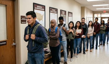 Una fila de estudiantes universitarios de diversas etnias, algunos con mochilas, espera en un pasillo universitario frente a una oficina administrativa