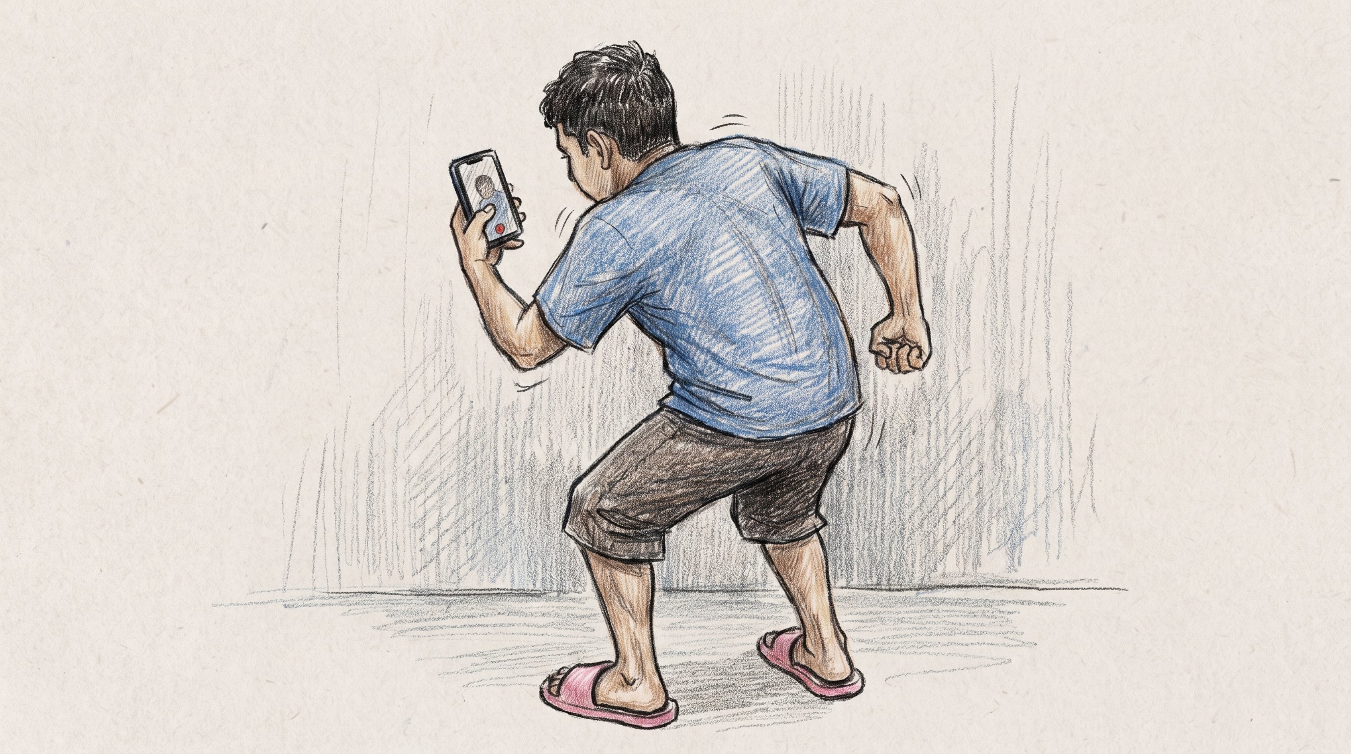 Una persona con camiseta azul graba un video con su teléfono móvil, adoptando una postura que simula una actitud intimidatoria. (Imagen Ilustrativa Infobae)