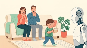 Ilustración de un niño ofreciendo una taza a un robot blanco y gris. Detrás, dos adultos sorprendidos en un sofá beige con una manta verde y una planta.