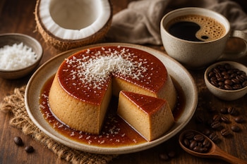 Un flan con una rebanada cortada y coco rallado encima, junto a una taza de café negro, granos de café y un medio coco sobre madera.