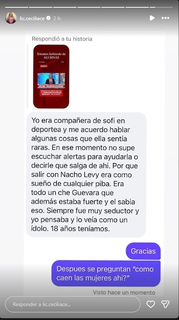 Captura de pantalla de historia de Instagram de Cecilia Ce. Se observa un mensaje de texto sobre Sofia Monachelli y Nacho Levy, con dos respuestas