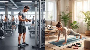 Ilustración digital dividida. Hombre haciendo ejercicio en máquina de gimnasio a la izquierda. Mujer en plancha con laptop y mat de yoga en casa a la derecha.