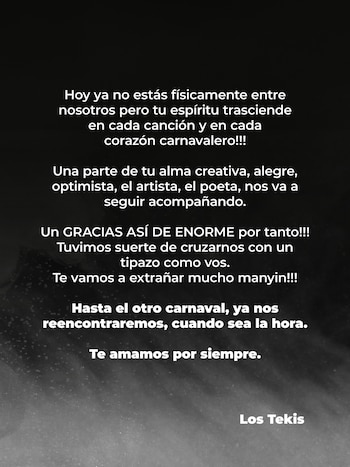 Pantalla negra con texto blanco que dice "Hoy ya no estás físicamente entre nosotros", "Un GRACIAS ASÍ DE ENORME", "Te amamos por siempre", y "Los Tekis"