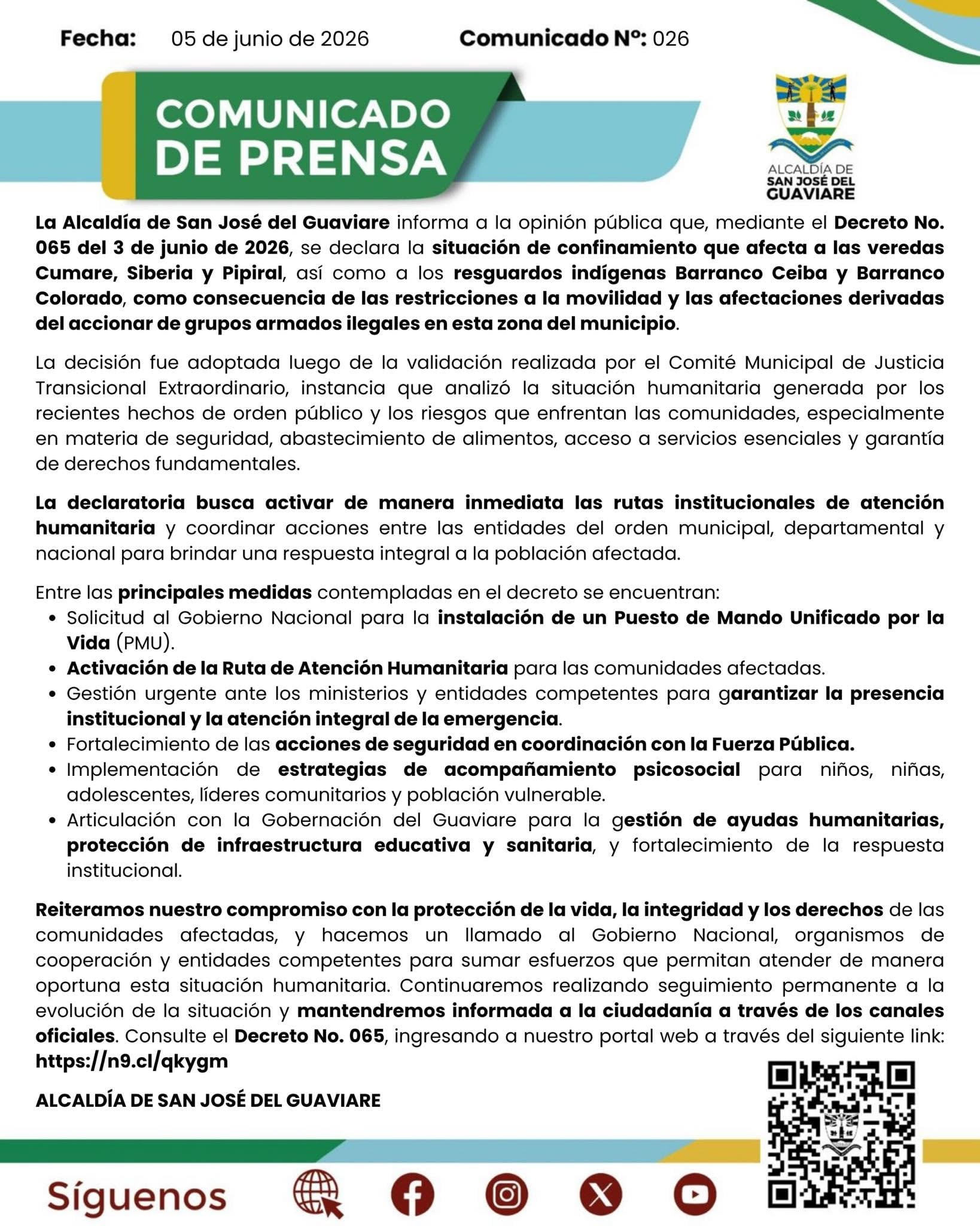 Confinamiento en San José del Guaviare por crisis humanitaria - crédito Alcaldía de San José del Guaviare