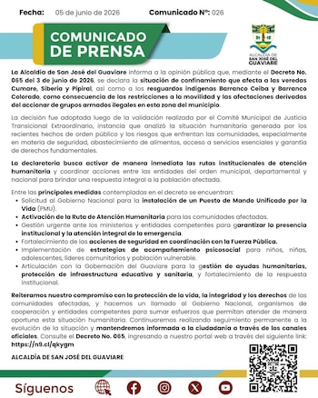 Confinamiento en San José del Guaviare por crisis humanitaria - crédito Alcaldía de San José del Guaviare