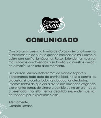 Corazón Serrano suspende sus presentaciones