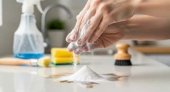 Manos espolvoreando bicarbonato blanco sobre una mancha oscura en una encimera de cocina, con un pulverizador azul, una esponja amarilla y cepillos de limpieza desenfocados.