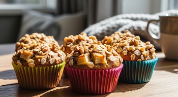 Muffins de avena y manzana decorados con nueces y avena, en pirotines coloridos (verde, fucsia, azul), sobre una mesa de madera bajo luz natural.