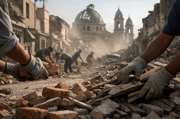 Manos con guantes retiran ladrillos y restos de madera de una calle con escombros. Edificios colapsados y la cúpula de una iglesia en ruinas se ven al fondo.