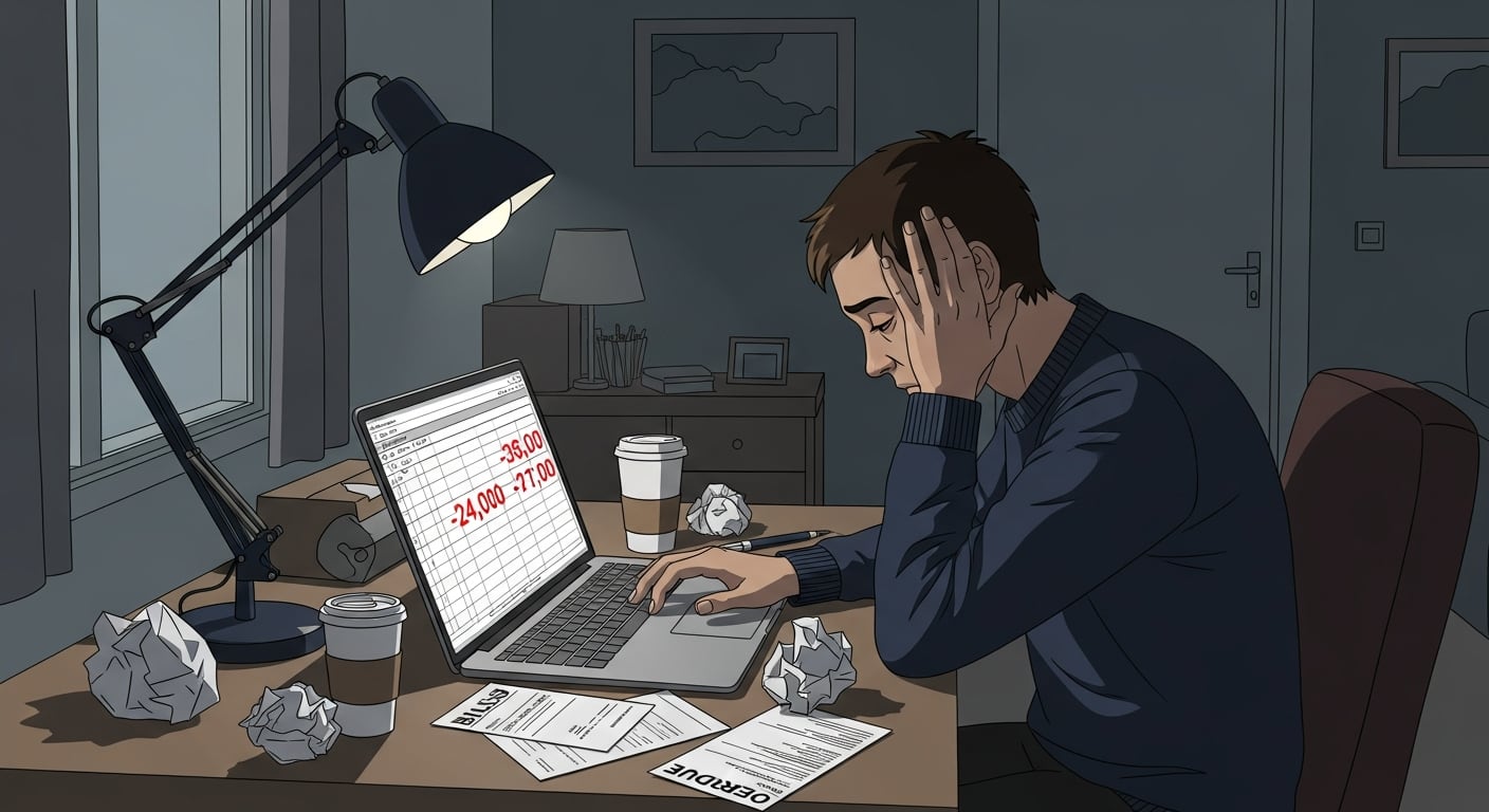 Un trabajador autónomo se muestra angustiado mientras revisa sus finanzas en el ordenador, enfrentando la dificultad de llegar a fin de mes con facturas y deudas. (Imagen Ilustrativa Infobae)