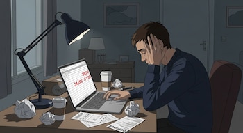Un hombre joven se sienta frente a un portátil en una habitación oscura, con una lámpara de escritorio encendida, facturas y papeles arrugados sobre la mesa.