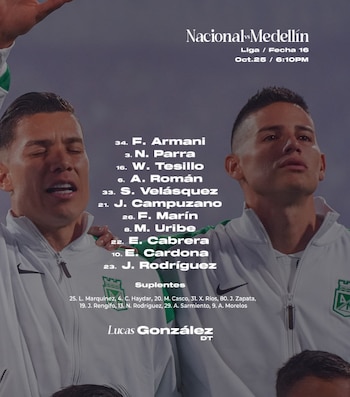 Titular de Atlético Nacional para enfrentar a Deportivo Independiente Medellín - crédito Atlético Nacional