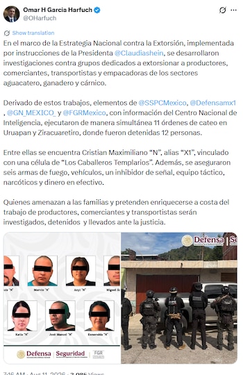 integrantes de Los Caballeros Templarios, incluido Cristian Maximiliano “N” alias “X1”, fueron detenidos en Uruapan y Ziracuaretiro, Michoacán. Crédito: X