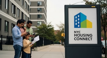 Familia hispana de dos adultos y un niño de pie en una acera del Bronx, con un edificio de apartamentos moderno y una cartelera de NYC Housing Connect detrás.