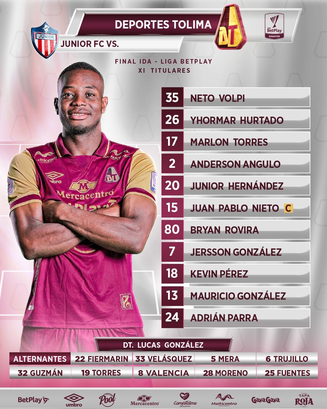 Esta es la alineación del Tolima en Barranquilla, donde se verá con el Junior - crédito Deportes Tolima