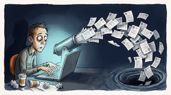 Dibujo de un hombre con ojeras frente a una computadora de la que sale un cañón que arroja papeles hacia un agujero en la mesa.