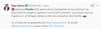 La revelación de Felipe Sierra sobre una posible transferencia de Gustavo Puerta - crédito @psierrar/X