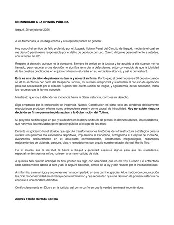 Comunicado Andrés Hurtado exalcalde de Ibagué - crédito Andrés Hurtado/Facebook