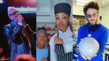 Collage de tres imágenes: un cantante en un escenario con luces de neón, una mujer chef con un niño, y Seth Rogen sosteniendo una vasija de cerámica gris.