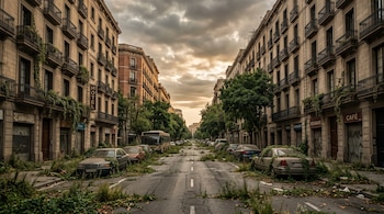Edificios de departamentos a ambos lados de una calle con vehículos abandonados, maleza en el asfalto y vegetación en las fachadas.