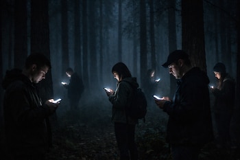 Bosque oscuro con árboles y niebla. Seis personas usan teléfonos celulares que emiten luz. Hojas y ramas secas en el suelo.