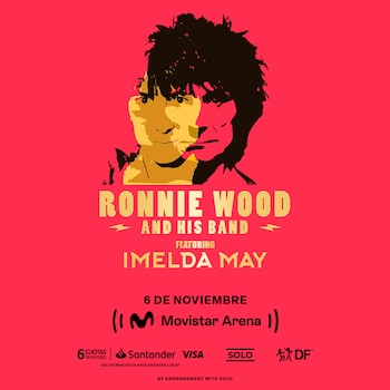 Afiche de concierto rojo con siluetas estilizadas de dos rostros, texto dorado y negro con Ronnie Wood y su banda, Imelda May, 6 de noviembre, Movistar Arena y logos de patrocinadores