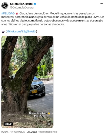 Denunciante alertó por sujeto que habría cometido actos obscenos frente a un parque de Medellín - crédito @ColombiaOscura/X