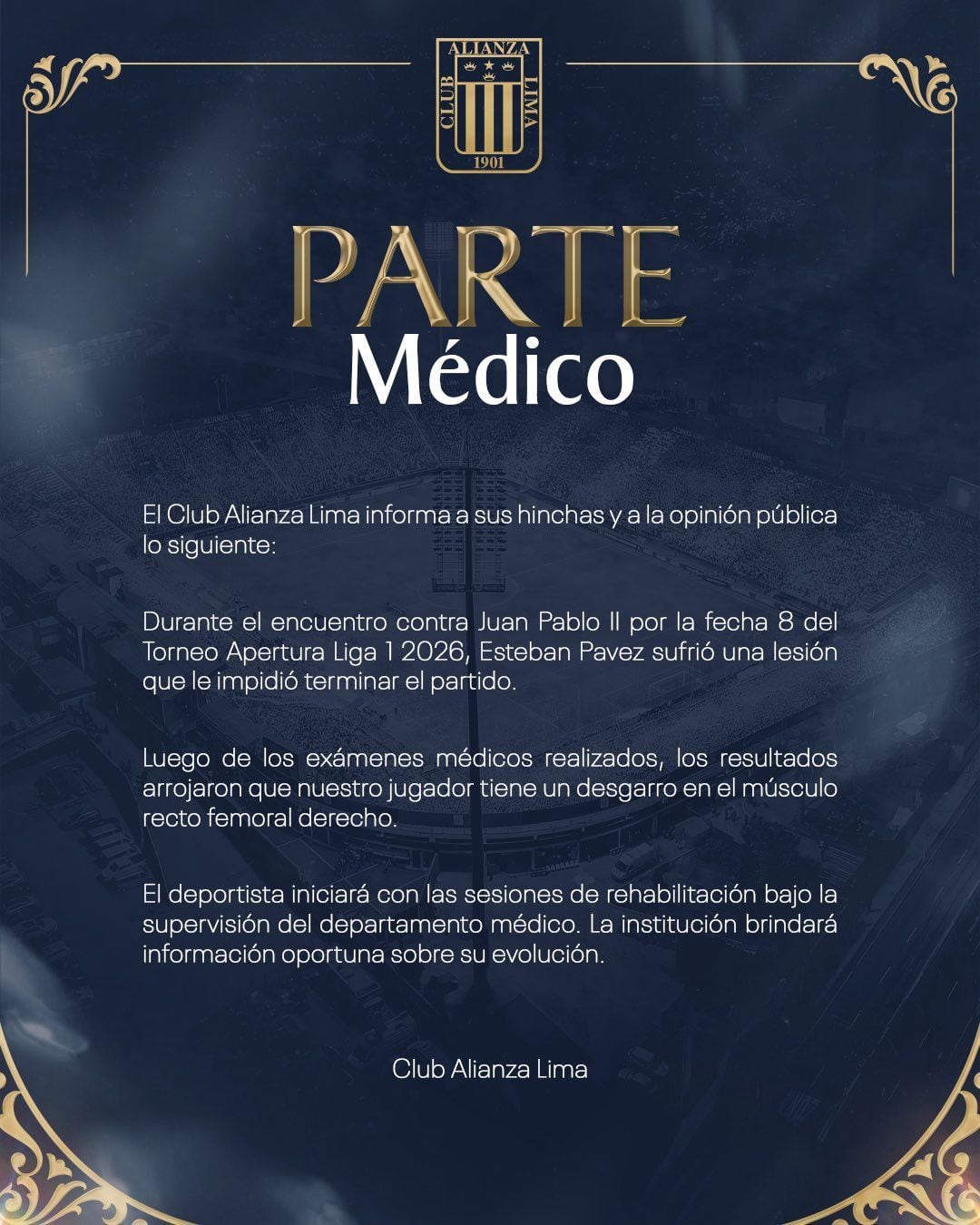 El parte médico de Alianza Lima confirmó el desgarro de Esteban Pavez, una noticia que sacude al equipo en la antesala del clásico y abre dudas sobre su presencia en el duelo clave. (Facebook / Club Alianza Lima)