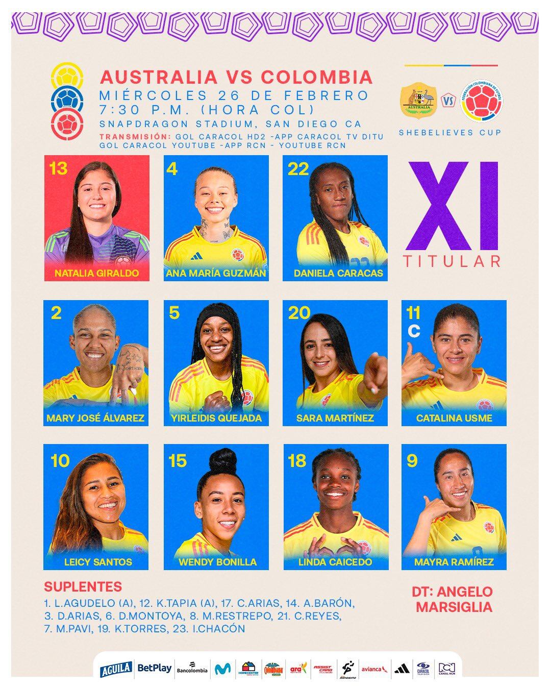 Esta es la alineación de la selección Colombia para medirse con Australia en San Diego, California, por la She Believes Cup - crédito FCF