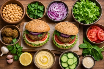 Dos hamburguesas de falafel rodeadas de cuencos con garbanzos, cebolla morada, lechuga, tomate, pepino y hummus sobre madera.