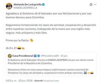 El Gobierno de El Salvador envió un mensaje institucional en el que felicitó al nuevo presidente y Abelardo de la Espriella agradeció el apoyo - crédito @ABDELAESPRIELLA/X