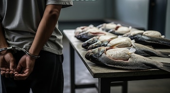 Un hombre de espaldas con esposas en las muñecas, de pie junto a una mesa con varios pescados abiertos que contienen paquetes blancos.