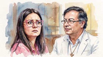 Una ilustración en acuarela representa a Angie Rodríguez junto al político Gustavo Petro - crédito