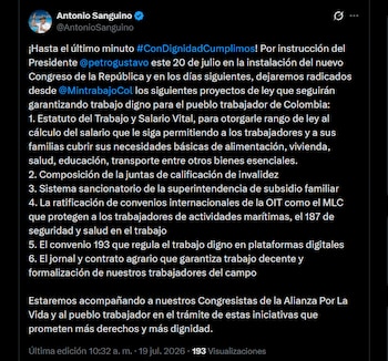 El Ministerio de Trabajo presentará un Estatuto del Trabajo y Salario Vital para dar rango de ley al cálculo del salario mínimo en Colombia - crédito X