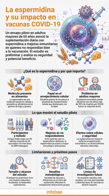 Infografía con título sobre espermidina y vacunas COVID-19, ilustraciones de célula, virus, jeringa, moléculas, alimentos, personas, símbolos de inmunidad y fases de estudio.