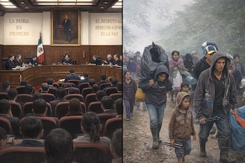 Un díptico. Izquierda: Pleno de la SCJN con jueces y público. Derecha: Personas desplazadas, incluyendo niños, caminando por un sendero.