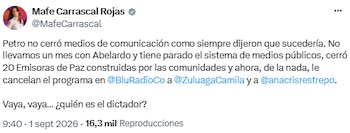 Mafe Carrascal cuestionó suspensión de Emisoras de Paz y salida de Camila Zuluaga - crédito @MafeCarrascal/X