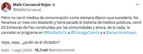 Mafe Carrascal cuestionó suspensión de Emisoras de Paz y salida de Camila Zuluaga - crédito @MafeCarrascal/X