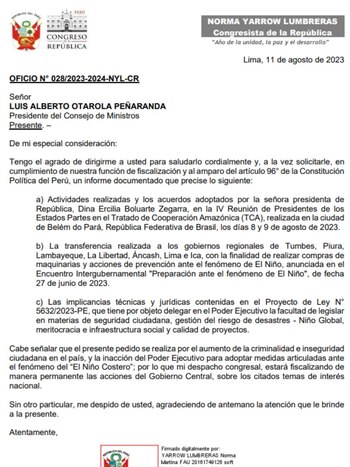 Documento remitido por Norma Yarrow