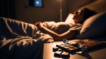 Vista lateral de una persona durmiendo tranquilamente en una cama, con una barra de chocolate abierta y trozos rotos sobre una mesita de noche