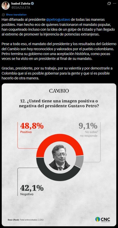 Isabel Zuleta agradeció al mandatario Petro por demostrar que es posible gobernar para la gente - crédito @ISAZULETA