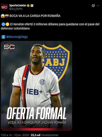 Según ESPN, Boca Juniors ya presentó una oferta de USD 3 millones por el defensor colombiano Jhohan Romaña, una de las prioridades del club para reforzar su defensa -.crédito Sportscenter/X