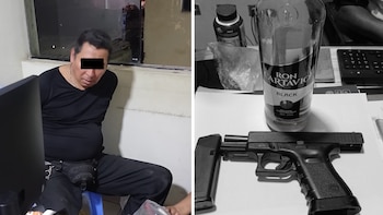 Composición dividida: a la izquierda, un hombre con rostro censurado sentado; a la derecha, una pistola Glock sobre documentos y una botella de ron