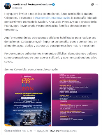 Restrepo compartió los canales de donaciones y ayudas por medio de su cuenta de X la mañana del martes 11 de agosto de 2026 - crédito @jrestrp/X