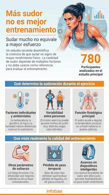 Infografía que desmiente que sudar más es mejor entrenamiento. Muestra una mujer sudando, gráficos de temperatura, personas, sistema circulatorio, báscula y smartwatch.