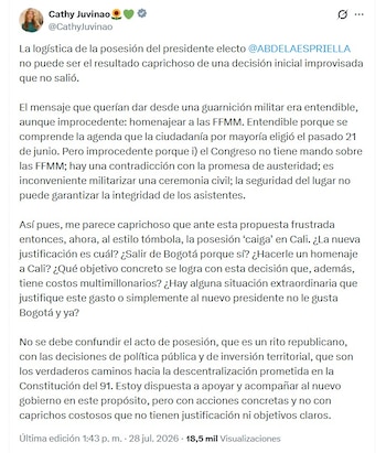 Cathy Juvinao aseguró que el acto protocolario no debe confundirse con una política de descentralización del Estado - crédito @CathyJuvinao/X